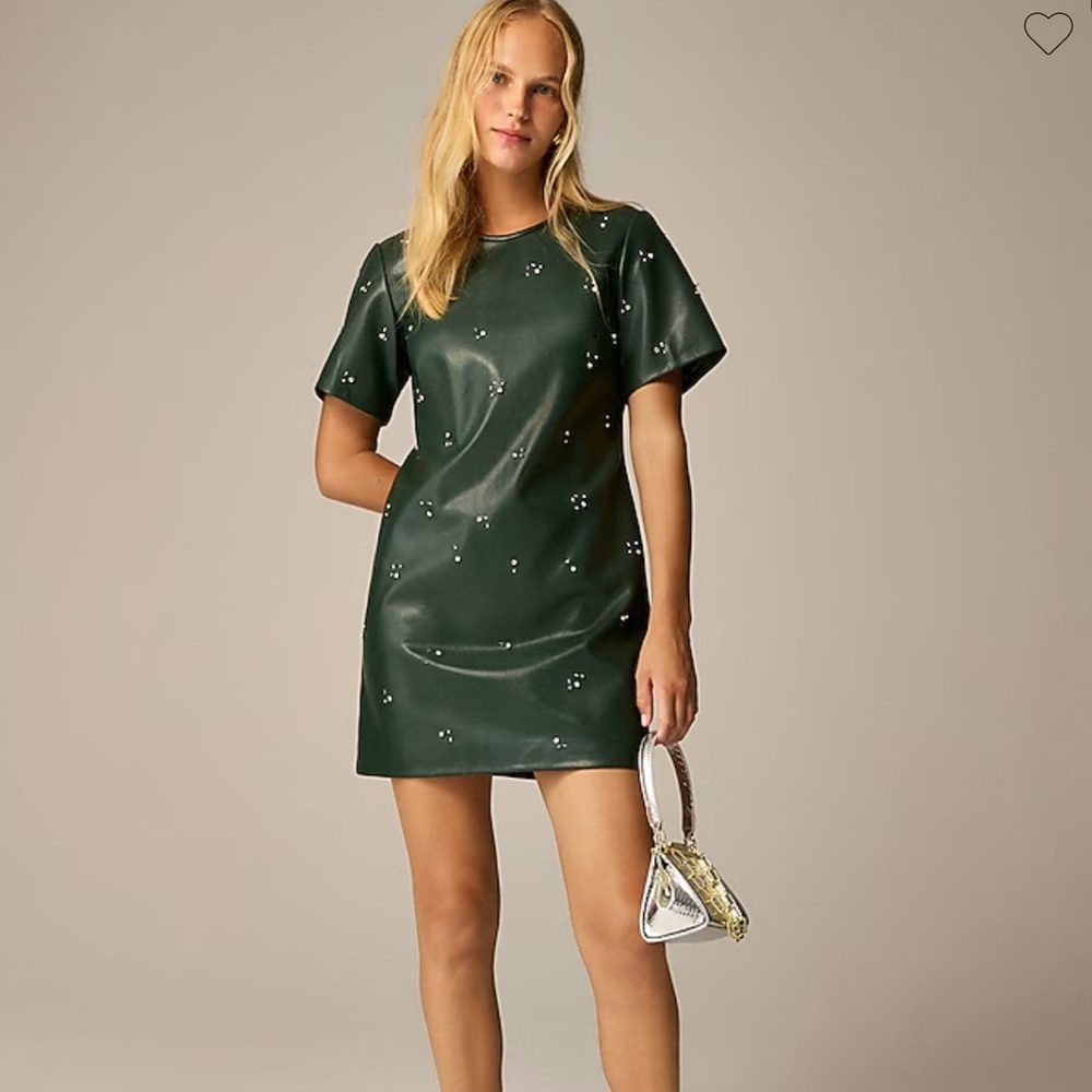 J. Crew Collection dark green faux leather mini shift dress embellished sz 8